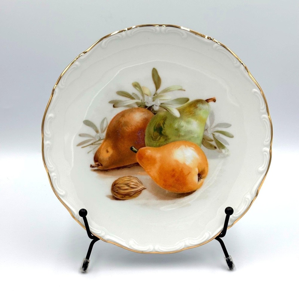 Vintage Porcelain Fruit Plates, 7 1/2-inch, Gold Trim, Set of 6, Bavaria Germany